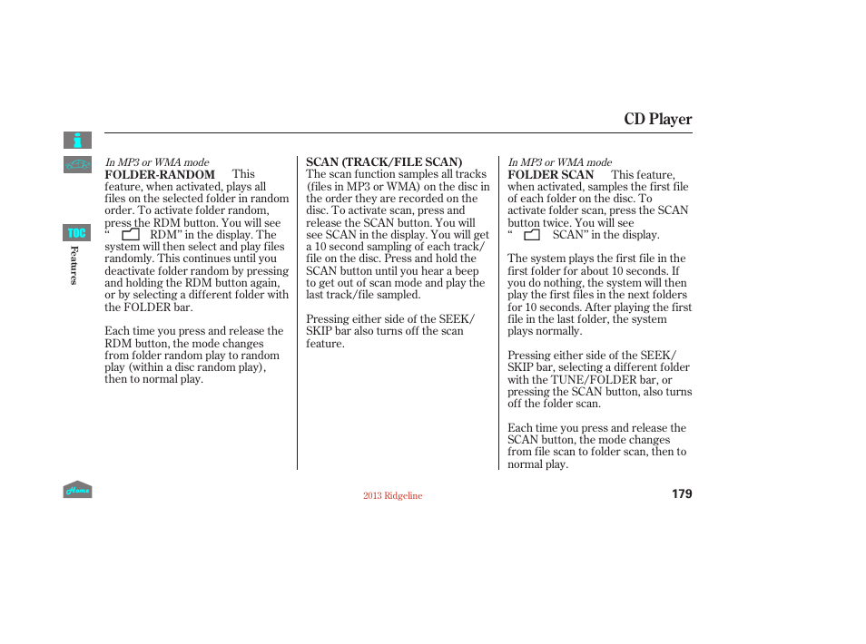 Cd player | HONDA 2013 Ridgeline User Manual | Page 184 / 422