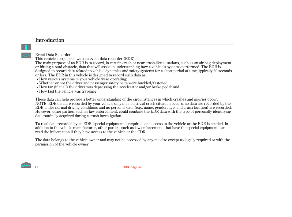 Introduction | HONDA 2013 Ridgeline User Manual | Page 2 / 422