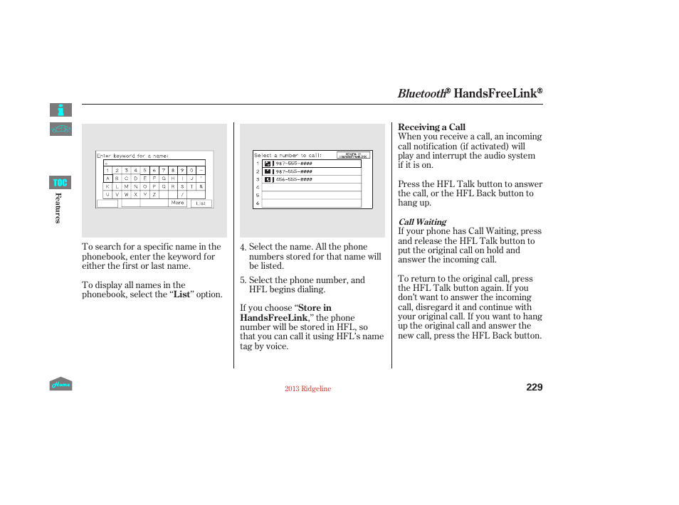 Handsfreelink, Bluetooth | HONDA 2013 Ridgeline User Manual | Page 234 / 422