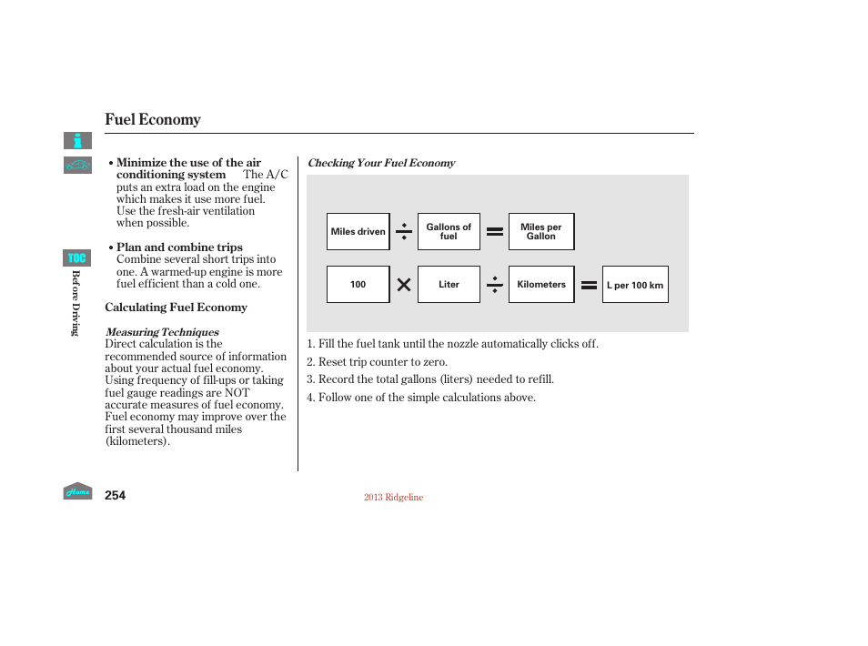 Fuel economy | HONDA 2013 Ridgeline User Manual | Page 259 / 422