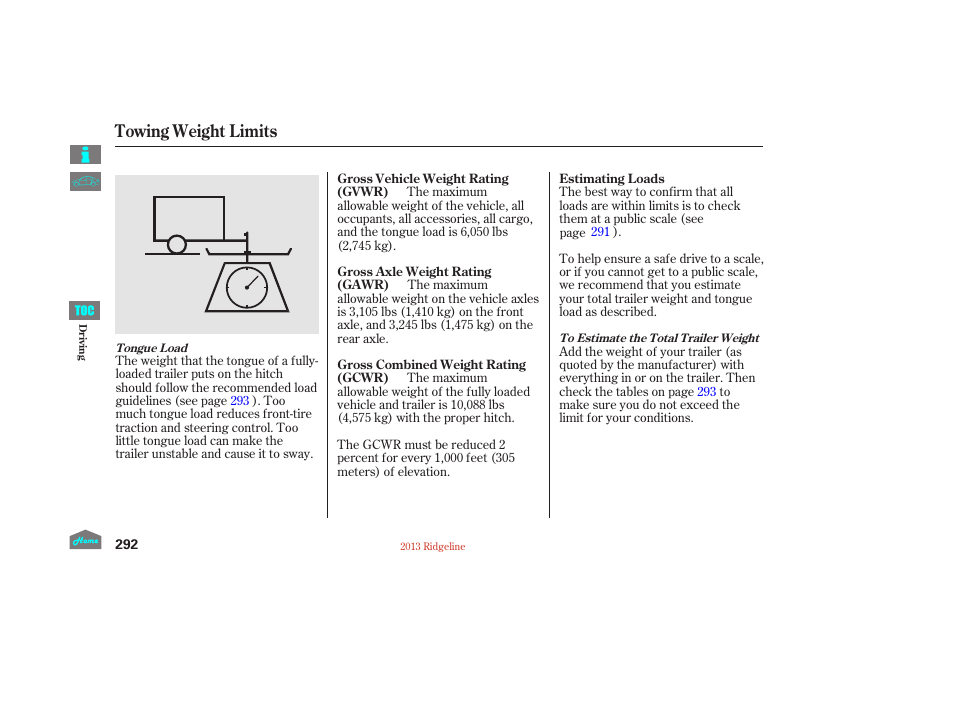 Towing weight limits | HONDA 2013 Ridgeline User Manual | Page 297 / 422