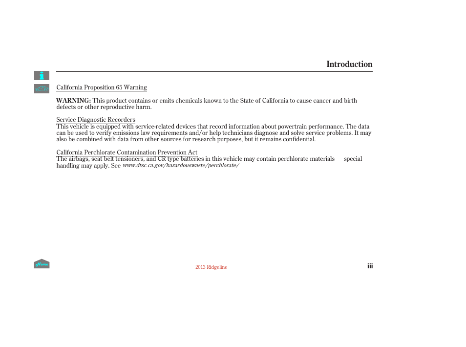 Introduction | HONDA 2013 Ridgeline User Manual | Page 3 / 422