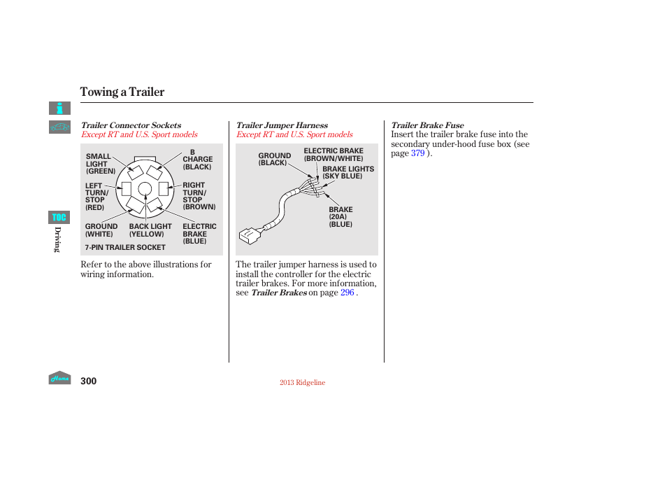 Towing a trailer | HONDA 2013 Ridgeline User Manual | Page 305 / 422