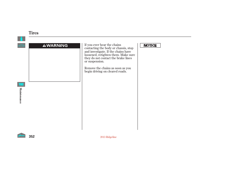 Tires | HONDA 2013 Ridgeline User Manual | Page 357 / 422