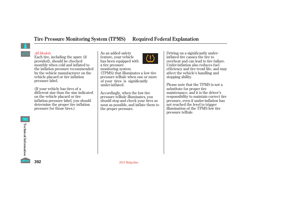 Tpms required federal explanation | HONDA 2013 Ridgeline User Manual | Page 397 / 422