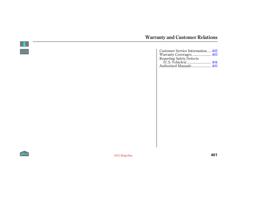 Warranty and customer relations | HONDA 2013 Ridgeline User Manual | Page 406 / 422