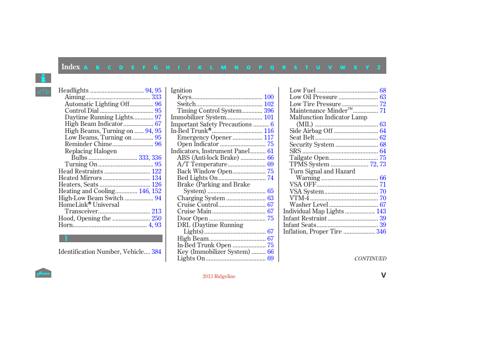 HONDA 2013 Ridgeline User Manual | Page 415 / 422