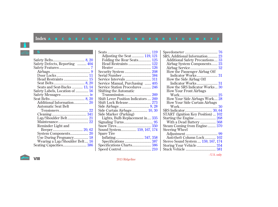 S t u v w x y z | HONDA 2013 Ridgeline User Manual | Page 418 / 422