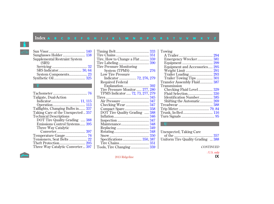 T - u, T u v w x y z | HONDA 2013 Ridgeline User Manual | Page 419 / 422