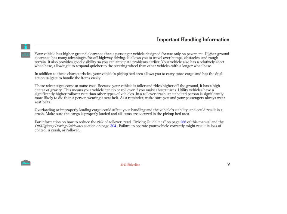 Important handling information | HONDA 2013 Ridgeline User Manual | Page 5 / 422