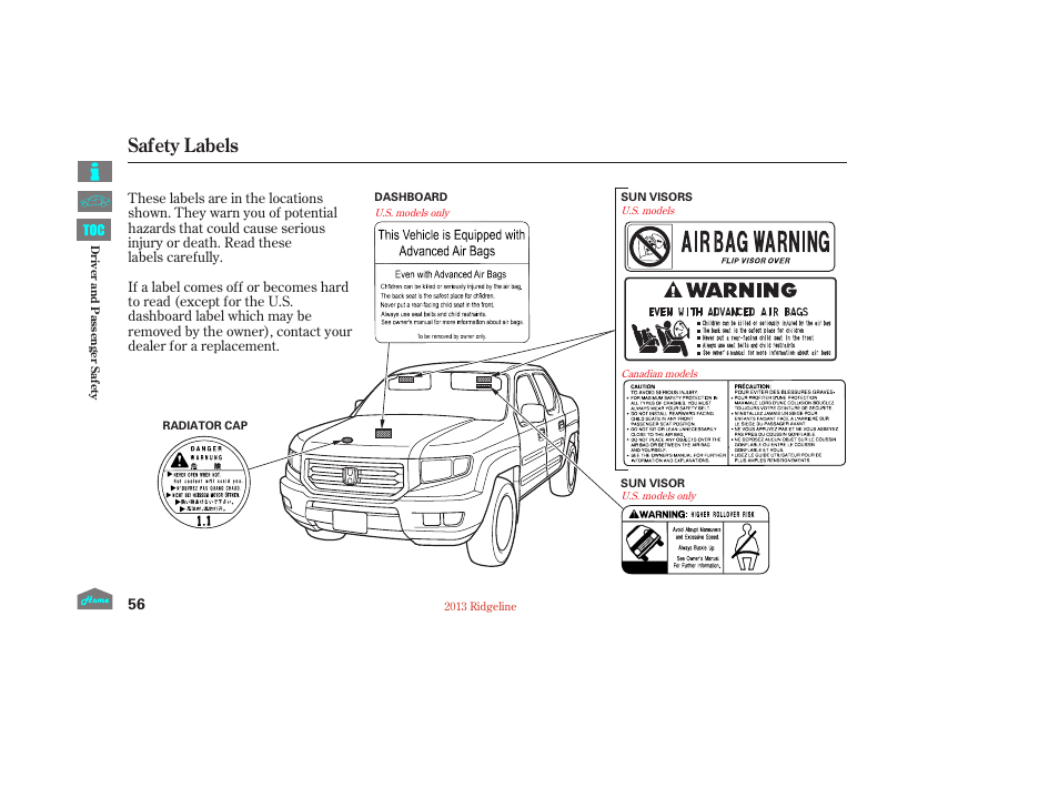 Safety labels | HONDA 2013 Ridgeline User Manual | Page 61 / 422