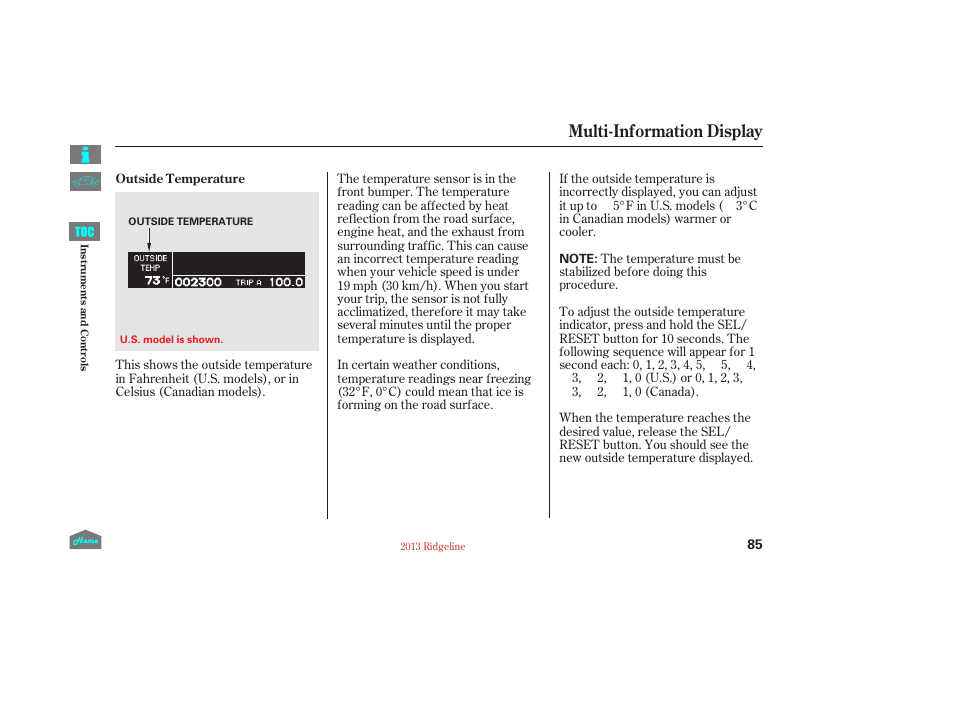 Multi-information display | HONDA 2013 Ridgeline User Manual | Page 90 / 422