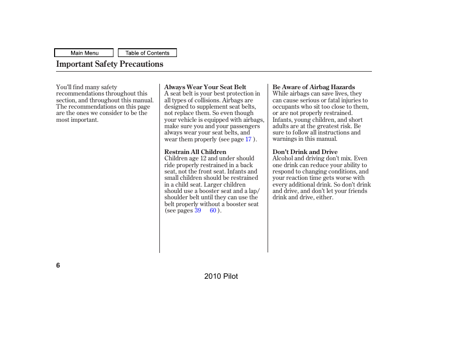 Important safety precautions | HONDA 2010 Pilot User Manual | Page 10 / 575