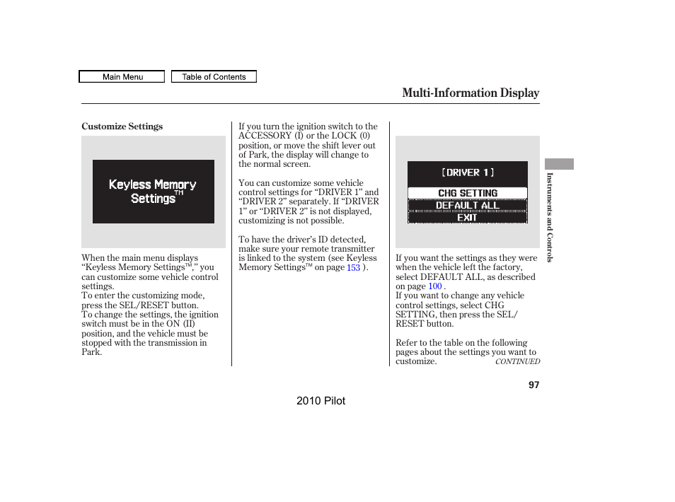 Multi-information display, 2010 pilot | HONDA 2010 Pilot User Manual | Page 101 / 575