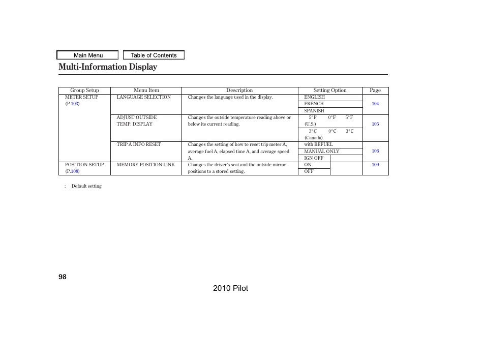 Multi-information display, 2010 pilot | HONDA 2010 Pilot User Manual | Page 102 / 575