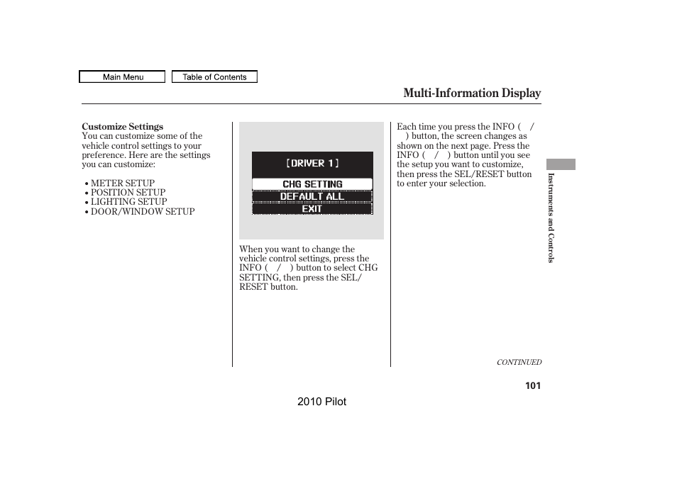 Multi-information display | HONDA 2010 Pilot User Manual | Page 105 / 575