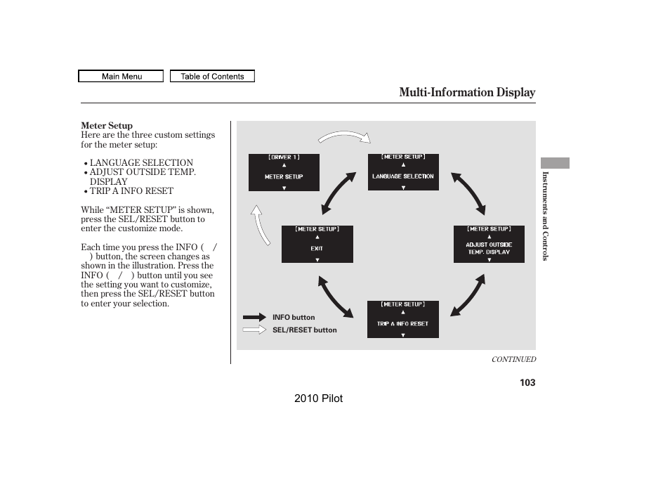 Multi-information display, 2010 pilot | HONDA 2010 Pilot User Manual | Page 107 / 575