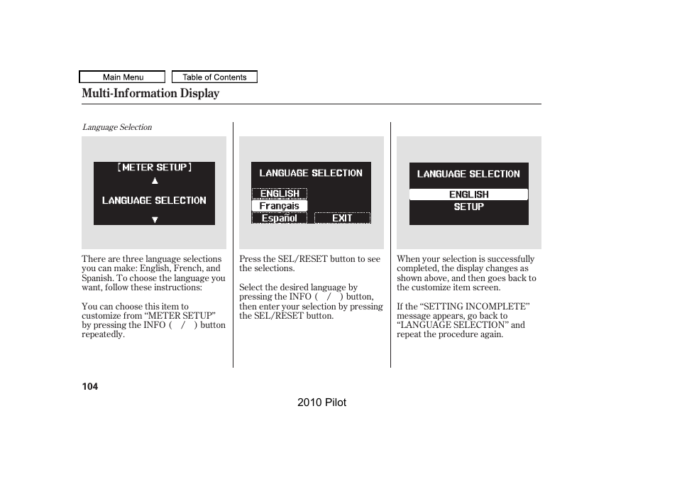 Multi-information display | HONDA 2010 Pilot User Manual | Page 108 / 575