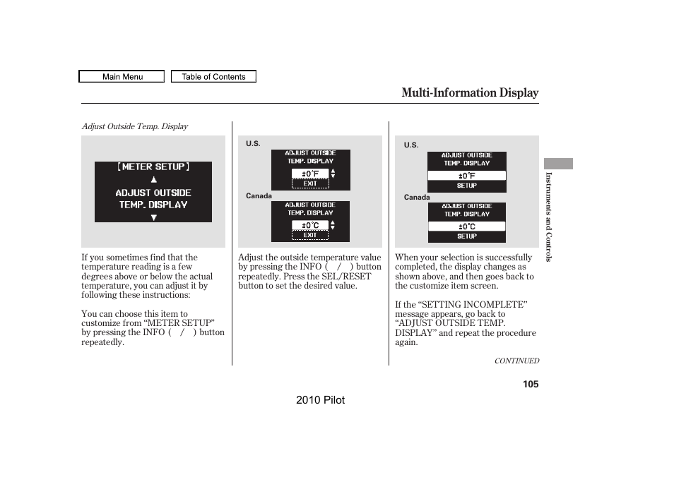 Multi-information display, 2010 pilot | HONDA 2010 Pilot User Manual | Page 109 / 575