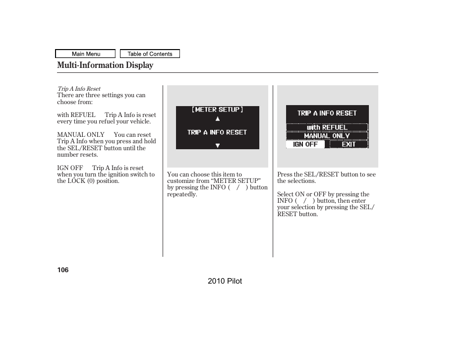 Multi-information display | HONDA 2010 Pilot User Manual | Page 110 / 575