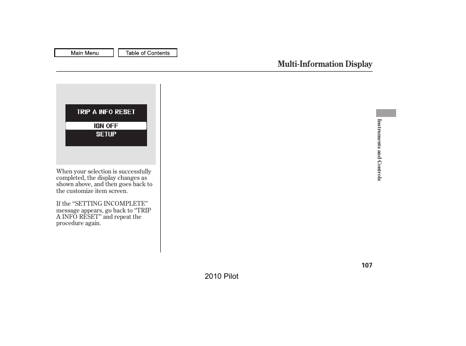 Multi-information display, 2010 pilot | HONDA 2010 Pilot User Manual | Page 111 / 575