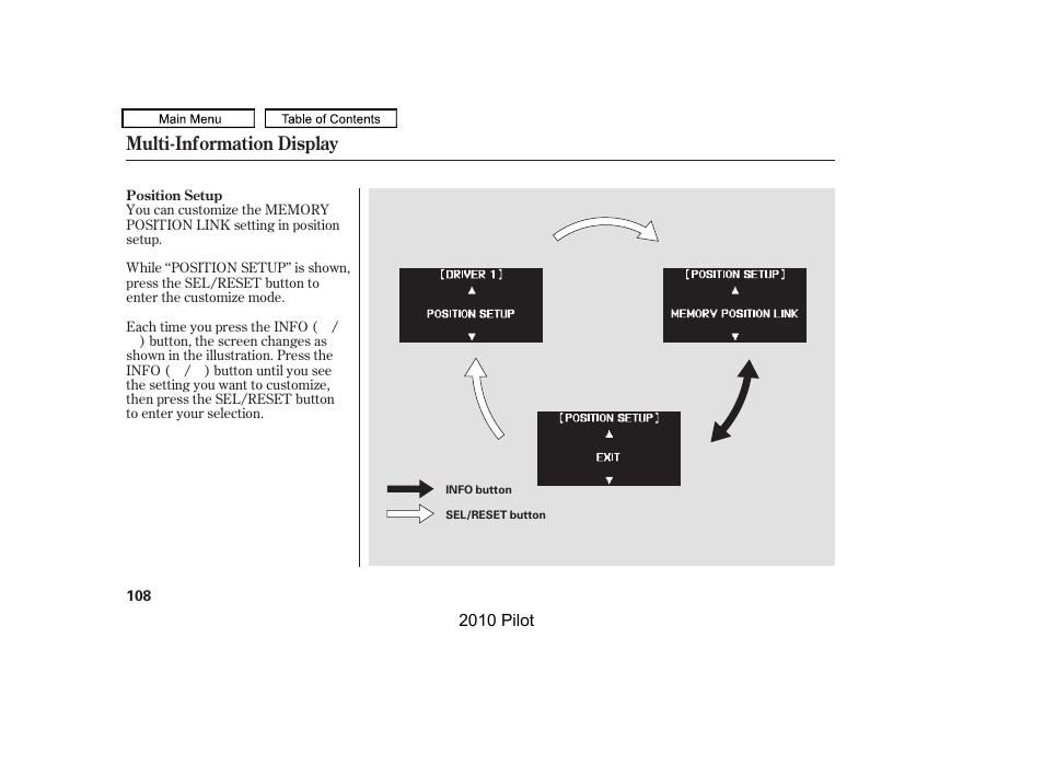 Multi-information display | HONDA 2010 Pilot User Manual | Page 112 / 575