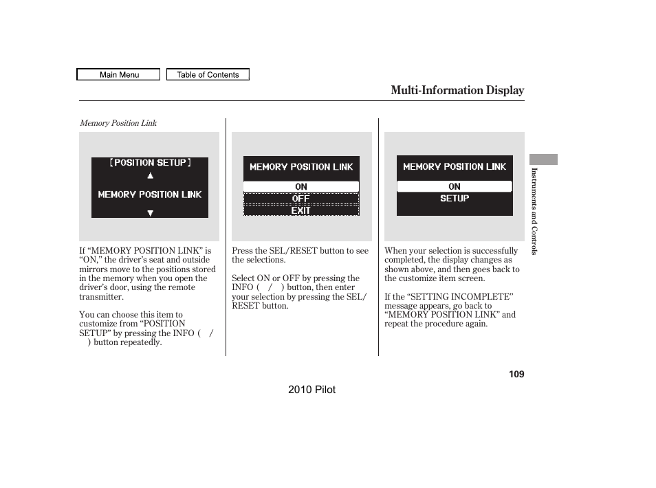 Multi-information display, 2010 pilot | HONDA 2010 Pilot User Manual | Page 113 / 575