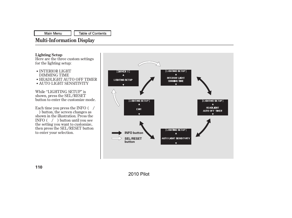 Multi-information display | HONDA 2010 Pilot User Manual | Page 114 / 575