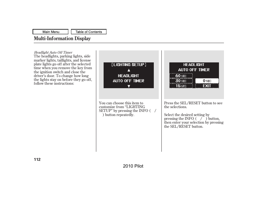 Multi-information display | HONDA 2010 Pilot User Manual | Page 116 / 575