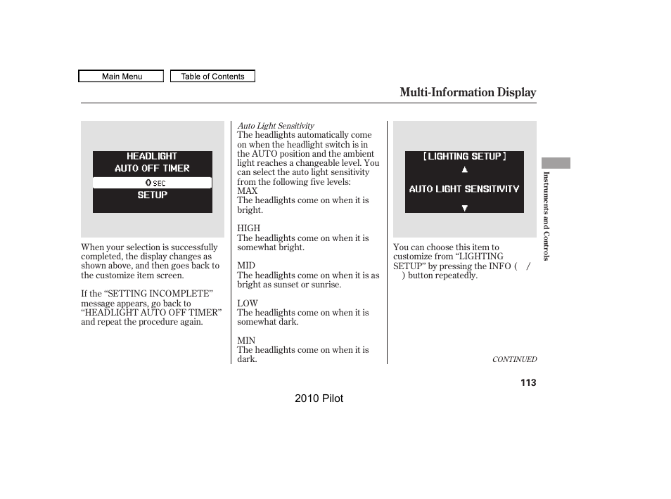 Multi-information display, 2010 pilot | HONDA 2010 Pilot User Manual | Page 117 / 575