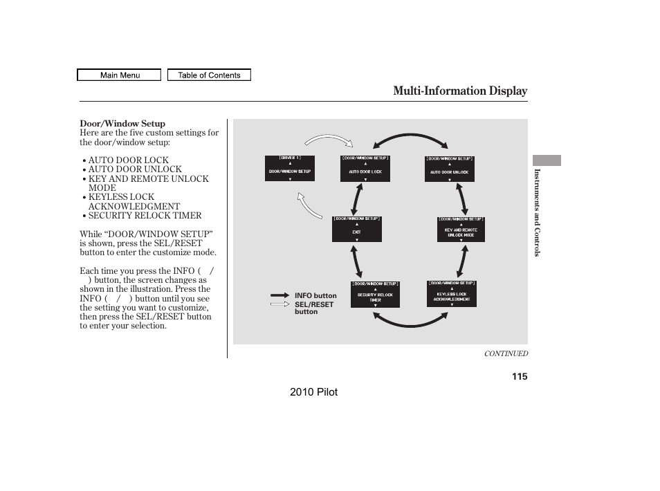 Multi-information display, 2010 pilot | HONDA 2010 Pilot User Manual | Page 119 / 575