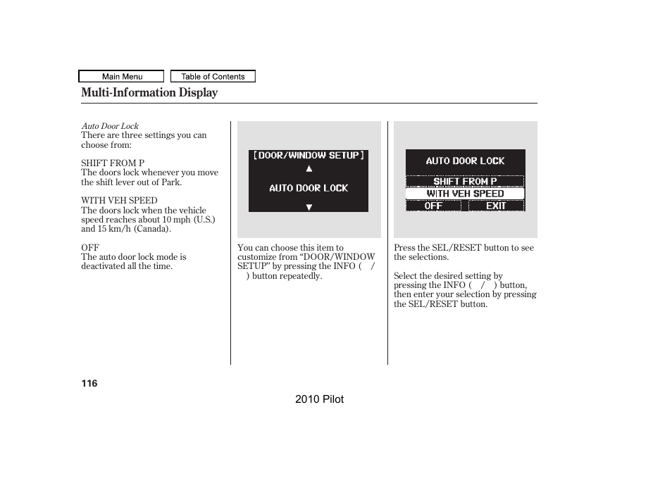 Multi-information display | HONDA 2010 Pilot User Manual | Page 120 / 575