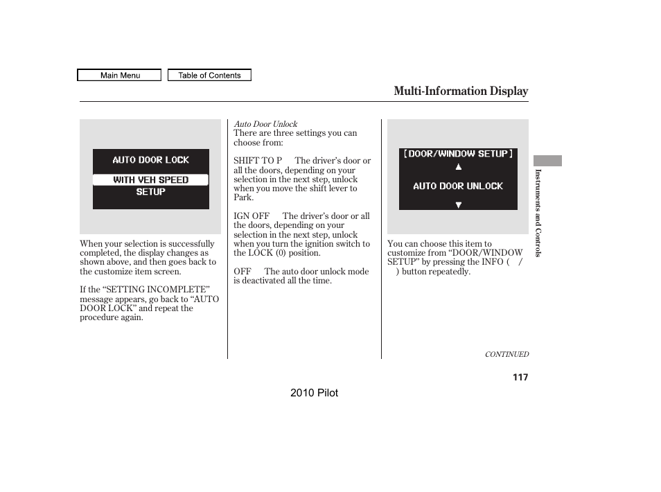 Multi-information display, 2010 pilot | HONDA 2010 Pilot User Manual | Page 121 / 575