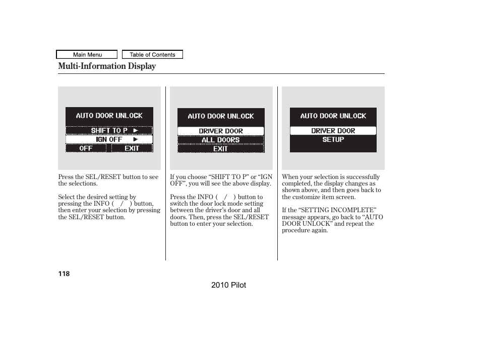 Multi-information display | HONDA 2010 Pilot User Manual | Page 122 / 575