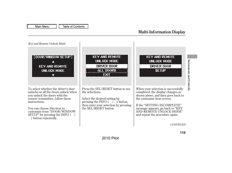 Multi-information display, 2010 pilot | HONDA 2010 Pilot User Manual | Page 123 / 575