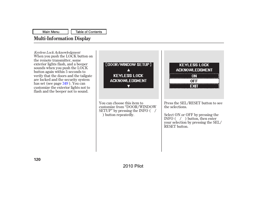 Multi-information display | HONDA 2010 Pilot User Manual | Page 124 / 575