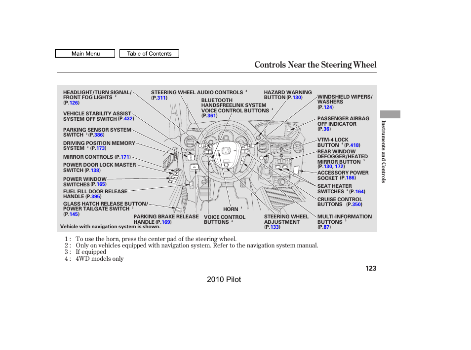 Controls near the steering wheel, 2010 pilot | HONDA 2010 Pilot User Manual | Page 127 / 575