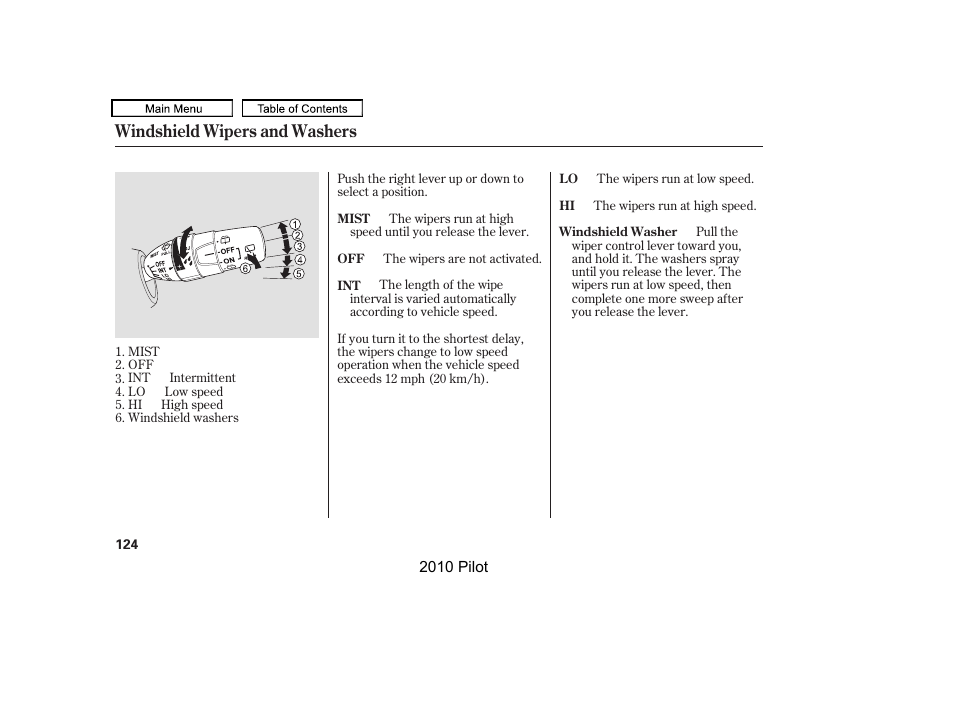 Windshield wipers and washers | HONDA 2010 Pilot User Manual | Page 128 / 575