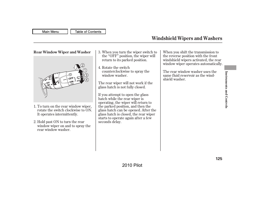 Windshield wipers and washers | HONDA 2010 Pilot User Manual | Page 129 / 575