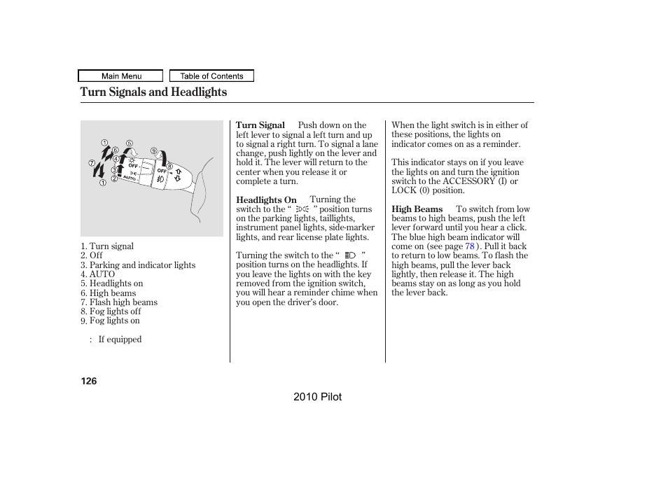 Turn signals and headlights | HONDA 2010 Pilot User Manual | Page 130 / 575