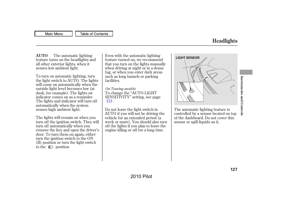 Headlights, 2010 pilot | HONDA 2010 Pilot User Manual | Page 131 / 575