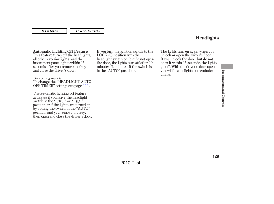 Headlights, 2010 pilot | HONDA 2010 Pilot User Manual | Page 133 / 575