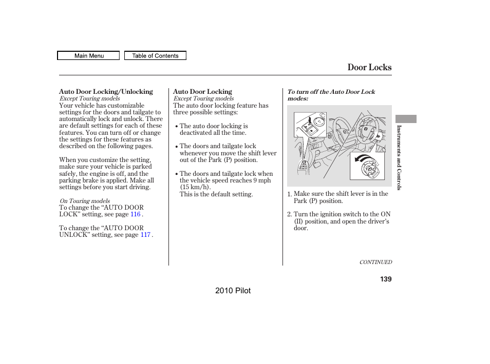 Door locks, 2010 pilot | HONDA 2010 Pilot User Manual | Page 143 / 575