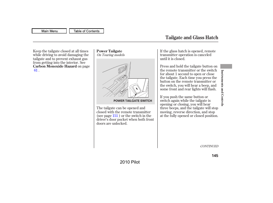 Tailgate and glass hatch, 2010 pilot | HONDA 2010 Pilot User Manual | Page 149 / 575