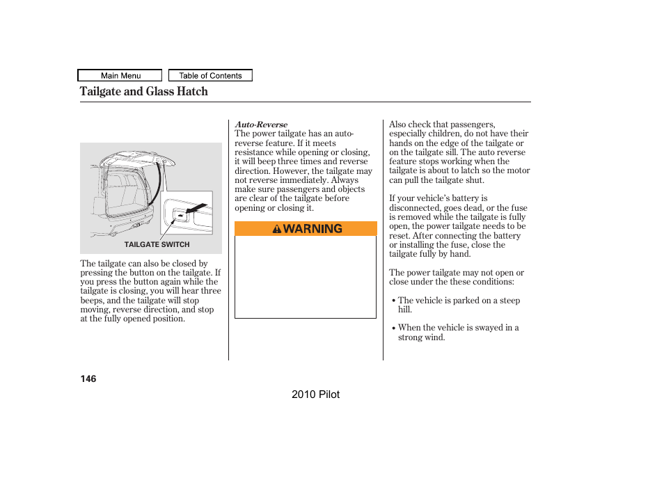 Tailgate and glass hatch | HONDA 2010 Pilot User Manual | Page 150 / 575