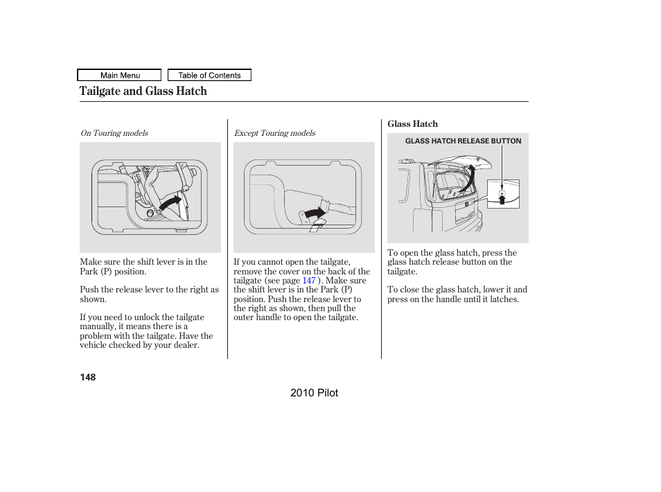 Tailgate and glass hatch | HONDA 2010 Pilot User Manual | Page 152 / 575