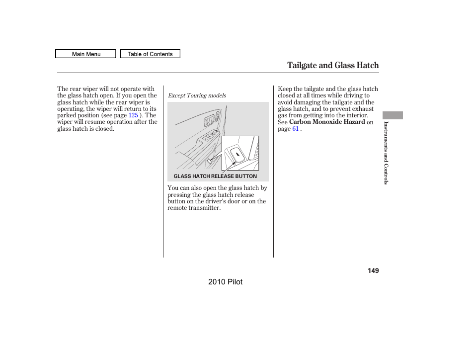 Tailgate and glass hatch, 2010 pilot | HONDA 2010 Pilot User Manual | Page 153 / 575