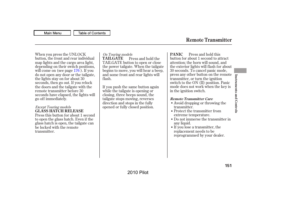 Remote transmitter, 2010 pilot | HONDA 2010 Pilot User Manual | Page 155 / 575