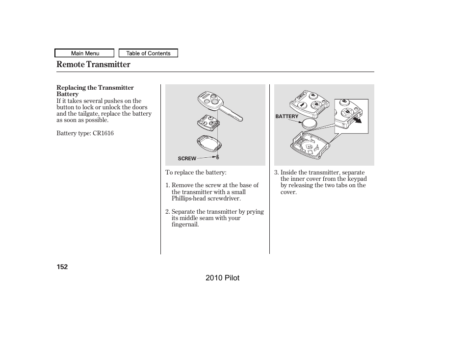 Remote transmitter | HONDA 2010 Pilot User Manual | Page 156 / 575