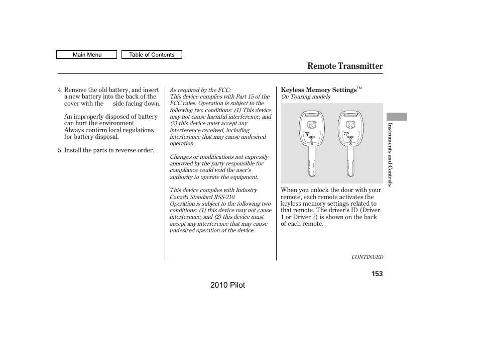 Remote transmitter, 2010 pilot | HONDA 2010 Pilot User Manual | Page 157 / 575